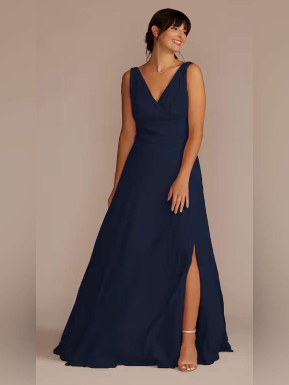 David's Bridal Navy V-Neck A-Line Gown with Side Slit